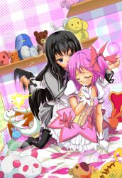  2girls akemi_homura akemi_homura_(magical_girl) bed bed_sheet black_hair blood blush bow closed_eyes clothes_grab commentary_request finger_to_mouth firing gloves hairband headshot highres kaname_madoka kaname_madoka_(magical_girl) kyuubee long_hair magical_girl mahou_shoujo_madoka_magica mahou_shoujo_madoka_magica_(anime) multiple_girls pantyhose photoshop_(medium) pink_hair ralfu red_eyes sheet_grab short_hair short_twintails skirt stuffed_animal stuffed_toy twintails yuri 