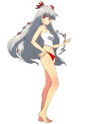  bad_id bad_pixiv_id bare_shoulders barefoot blush bow breasts camisole female fujiwara_no_mokou grey_hair hairbow multi-tied_hair navel non_(z-art) panties red_panties simple_background small_breasts solo touhou underwear underwear_only white_background 