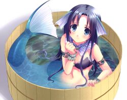  armlet black_hair blue_eyes blush commentary_request female fins frown head_fins kobanzame long_hair looking_at_viewer mermaid monster_girl navel original solo wooden_bathtub wrist_cuffs 