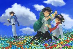  3boys aged_down aged_up bad_id bad_pixiv_id black_hair celestial_being_uniform cloud day field flower flower_field gundam gundam_00 hood lolicon male_focus multiple_boys multiple_persona outdoors red_eyes red_scarf ris scarf setsuna_f._seiei sky soran_ibrahim teenage uniform 