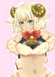  absurdres bell blonde_hair blush female green_eyes highres horns mamono_girl_lover midriff monster_girl monster_girl_encyclopedia navel ribbon sheep shy solo stomach weresheep 