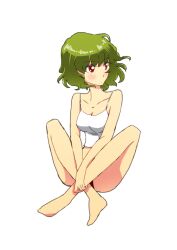  bad_id bad_pixiv_id bare_shoulders barefoot blush camisole collarbone crossed_legs female green_hair kazami_yuuka non_(z-art) panties red_eyes red_panties short_hair simple_background sitting solo touhou underwear underwear_only white_background 