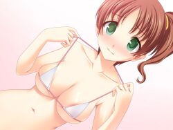  adjusting_clothes adjusting_swimsuit bad_id bad_pixiv_id bikini bikini_pull bikini_top_only blush breasts brown_hair cleavage clothes_pull dutch_angle female green_eyes hair_ribbon large_breasts navel original photoshop_(medium) pulling_own_clothes ribbon shiny_skin short_hair side_ponytail skindentation solo strap_lift swimsuit totokichi 