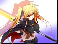  alternate_breast_size bad_id bad_pixiv_id bardiche_(nanoha) bardiche_(zanber_form)_(nanoha) belt blonde_hair breasts cloak fate_testarossa fate_testarossa_(movie_1st_form) female holding holding_sword holding_weapon large_breasts long_hair lyrical_nanoha mahou_shoujo_lyrical_nanoha orange_eyes skirt smile solo sword tenpesuto thighhighs twintails weapon 