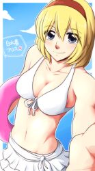  alice_margatroid bikini bikini_top_only blonde_hair blue_eyes breasts cleavage commentary_request female hairband medium_breasts navel neko_majin short_hair skirt smile solo swimsuit touhou white_bikini 