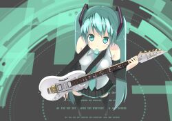  aqua_eyes aqua_hair binary boots commentary_request detached_sleeves electric_guitar female from_above guitar hatsune_miku ibanez ibanez_jem instrument long_hair looking_at_viewer monkey_grip mouth_hold necktie nino_(aquarius) plectrum skirt solo thigh_boots thighhighs twintails very_long_hair vocaloid whammy_bar 