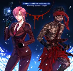  1boy angra_mainyu_(fate) bad_id bad_pixiv_id ball bandana bazett_fraga_mcremitz black_hair character_name copyright_name dark-skinned_male dark_skin dual_wielding electricity fate/hollow_ataraxia fate/stay_night fate_(series) female formal fragarach_(fate) full-body_tattoo gloves holding holding_weapon inverted_moon_of_the_heavens necktie pant_suit pants photoshop_(medium) purple_eyes purple_hair reverse_grip suit syuhei210 tattoo tawrich_&amp;_zarich topless_male weapon 