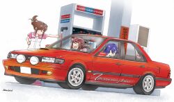  3girls akizuki_ritsuko amami_haruka blue_hair brown_hair car commentary_request gas_station glasses hair_ribbon idolmaster idolmaster_(classic) kisaragi_chihaya motor_vehicle multiple_girls nissan nissan_bluebird ribbon right-hand_drive vehicle_focus yoru_ha 