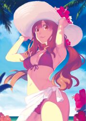  armpits arms_up bare_shoulders bikini breasts brown_hair cleavage commentary_request day enkyo_yuuichirou female flower front-tie_top hands_on_headwear hat hibiscus idolmaster idolmaster_cinderella_girls lips long_hair looking_at_viewer low_twintails medium_breasts moroboshi_kirari navel outdoors palm_tree photoshop_(medium) red_bikini sarong sky smile solo sun_hat swimsuit tree twintails white_sarong 