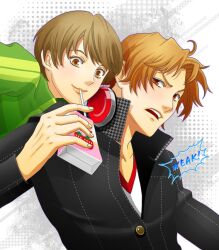  1boy blush brown_eyes brown_hair cnyk commentary_request female hanamura_yousuke headphones headphones_around_neck jacket juice_box persona persona_4 photoshop_(medium) satonaka_chie school_uniform track_jacket yasogami_school_uniform 