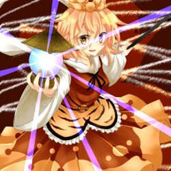  animal_print bad_id bad_pixiv_id bishamonten&#039;s_pagoda blonde_hair commentary_request female hair_ornament jellylily long_sleeves oerba_yun_fang open_mouth shawl short_hair solo tiger_print toramaru_shou touhou wide_sleeves yellow_eyes 