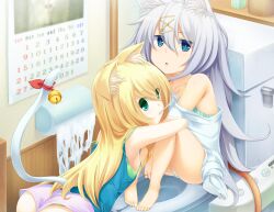  2girls :o animal_ears barefoot bathroom bell blonde_hair blue_eyes calendar_(object) cat_ears cat_tail commentary_request green_eyes grey_hair highres long_hair mouth_hold multiple_girls original short_shorts shorts sitting sorano_(12gou) tail tail_bell tail_ornament toilet 