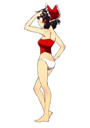  ass bad_id bad_pixiv_id bare_shoulders barefoot black_hair blush bow breasts camisole female from_behind hairbow hakurei_reimu medium_breasts non_(z-art) panties red_bow simple_background solo touhou underwear underwear_only white_background white_panties 