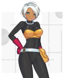  bad_id bad_pixiv_id belt blue_eyes bodysuit breasts bustier cameltoe commentary_request dark-skinned_female dark_skin dragon_quest dragon_quest_iii earrings female gloves hand_on_own_hip jewelry large_breasts looking_at_viewer mahito necklace pearl_necklace photoshop_(medium) pouch short_hair silver_hair smile solo thief_(dq3) 