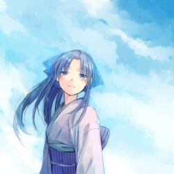  black_hair blue_eyes blue_theme blush bow cloud commentary_request day female hair_ribbon hairbow kamiya_kaoru light_smile long_hair looking_at_viewer ouru109 ribbon rurouni_kenshin sky solo wind 