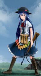  blue_hair blush bow cloud commentary_request day explosive female food fruit grenade gun hat hinanawi_tenshi kcme leaf long_hair peach puffy_sleeves red_eyes short_sleeves sky smile solo touhou very_long_hair weapon 