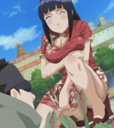  1boy aburame_shino blush breasts censored china_dress chinese_clothes cleavage cleavage_cutout convenient_censoring covering dress dutch_angle female from_below highres hyuuga_hinata large_breasts legs looking_down naruto outdoors screencap squatting stitched venus_flytrap 