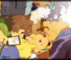  anthro bear blue_eyes blush bodily_fluids canid canine canis cellphone closed_eyes clothing domestic_dog electronics felid flip_phone group hinami hiroki_inusato husky jacket kanta_konjou kemono kissing letterbox looking_at_viewer male male/male mammal musyou_rokujou_life nordic_sled_dog one_eye_closed pantherine phone red_eyes shirt smile spitz sweat tameiki_kyoudai tiger topwear yellow_eyes young young_anthro 