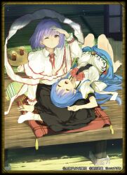  2girls barefoot blue_hair bow capelet closed_eyes commentary_request hand_fan hinanawi_tenshi lap_pillow long_hair long_skirt long_sleeves multiple_girls nagae_iku one_eye_closed open_mouth paper_fan photoshop_(medium) pillow puffy_sleeves purple_hair red_eyes shawl short_hair short_sleeves skirt subachi tatami touhou uchiwa upside-down veranda very_long_hair yawning 