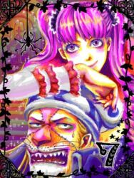  1boy 7 7-tan absalom capelet duo female female hat leaning long_sleeves lowres male one_piece perona pink_hair purple_eyes sharp_teeth smile spider stitching thriller_bark twintails whiskers 