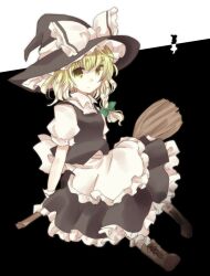  apron bad_apple!! bad_id bad_pixiv_id black_dress blonde_hair boots braid broom broom_riding cross-laced_footwear dress female hair_ribbon hat hat_ribbon kirisame_marisa looking_at_viewer pasutel photoshop_(medium) ribbon solo touhou waist_apron witch witch_hat yellow_eyes 