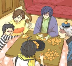  4boys :t black_hair blue_hair brown_hair commentary_request couch eating female food food_on_head fruit fruit_on_head hair_ornament hairclip kotatsu mandarin_orange mochizuki_ryouji multiple_boys object_on_head open_mouth peeling persona persona_3 persona_3_portable pharos photoshop_(medium) shiomi_kotone short_hair smile sweater table theodore_(persona) yumiyoshi yuuki_makoto_(persona_3) 