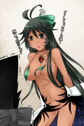  ? alternate_skin_color animal_ears aoshima bare_shoulders black_eyes black_hair bow breasts cat_ears commentary_request female green_bow groin hair_censor hair_over_breasts hairbow highres kaenbyou_rin large_breasts long_hair navel reiuji_utsuho slingshot_swimsuit solo swimsuit tan third_eye touhou translated trembling very_long_hair wardrobe_malfunction 