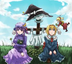  2girls alice_margatroid apron blonde_hair blue_dress blue_eyes blue_sky book bow cloud clover commentary_request crescent day dress four-leaf_clover gloves grass hairband hairbow hat hat_ribbon highres kirisame_marisa long_hair multiple_girls musical_note outdoors patchouli_knowledge purple_hair red_dress ribbed_sweater ribbon sash scarecrow shanghai_doll short_hair sitting skirt sky smile sweater the_nekoma touhou waist_apron white_gloves witch_hat 