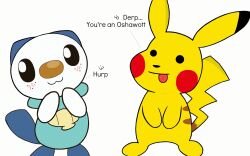  :3 absurd_res blush derp_eyes duo english_text feral generation_1_pokemon generation_5_pokemon hi_res hurp kippykat nintendo oshawott pikachu pokemon pokemon_(species) simple_background text tongue tongue_out toony 