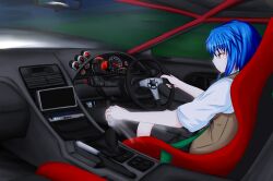  absurdres blue_hair car car_interior commentary_request driving female hair_ribbon highres honda honda_nsx motion_blur motor_vehicle ribbon right-hand_drive short_hair sidelocks spe_(a-spex) thighhighs yellow_eyes 