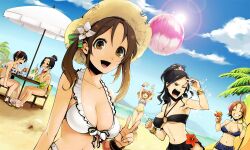  6+girls :d ahoge animal_print beach bikini black_hair breast_rest breasts brown_eyes brown_hair cleavage commentary_request cow_print csikity ebihara_naho flower hair_flower hair_ornament hat hibiscus idolmaster idolmaster_cinderella_girls large_breasts lens_flare long_hair midriff moroboshi_kirari mukai_takumi multiple_girls navel o-ring o-ring_bikini oikawa_shizuku open_mouth outdoors photoshop_(medium) ponytail saito_yoko short_hair smile sun_hat swimsuit totoki_airi twintails v 