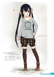  ;d black_hair black_thighhighs brown_eyes commentary_request female k-on! long_hair masamuuu nakano_azusa one_eye_closed open_mouth photoshop_(medium) plaid round_teeth shorts smile solo sweater teeth thighhighs twintails 