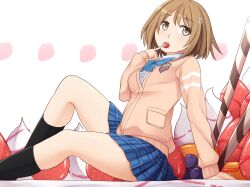  blueberry breasts brown_eyes brown_hair cardigan commentary_request female flower food fruit hair_flower hair_ornament idolmaster idolmaster_cinderella_girls medium_breasts mimura_kanako pinkwaters plaid plaid_skirt pleated_skirt short_hair skirt socks solo strawberry 