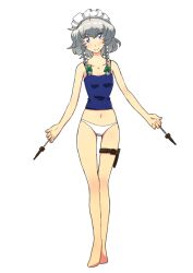  bad_id bad_pixiv_id bare_shoulders barefoot blue_eyes blush braid camisole collarbone female grey_hair holster izayoi_sakuya knife maid_headdress navel non_(z-art) panties short_hair simple_background smile solo thigh_holster touhou twin_braids underwear underwear_only weapon white_background white_panties 