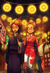  1boy alternate_costume alternate_hairstyle blush brown_hair commentary couple eating female festival food haisukka japanese_clothes kimono lyra_(pokemon) mask octillery open_mouth pokemon pokemon_(creature) pokemon_hgss red_hair ribbon silver_(pokemon) smile straight takoyaki yukata 