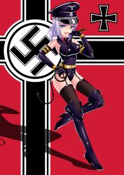  :d absurdres bad_id bad_pixiv_id blue_eyes elbow_gloves female fishnets garter_straps gloves hat highres holding looking_at_viewer mizutsuki_rei nazi nazi_war_ensign open_mouth original photoshop_(medium) purple_hair smile swastika thighhighs whip 