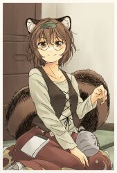  animal_ears bottle brown_eyes brown_hair commentary_request female futatsuiwa_mamizou glasses highres leaf leaf_on_head pince-nez raccoon_ears raccoon_tail short_hair smile solo tail touhou wild_and_horned_hermit yudepii 