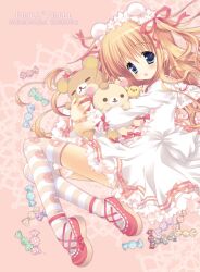  :d artist_name blonde_hair blue_eyes blush candy commentary_request dress female food holding kiiroitori korilakkuma long_hair looking_at_viewer maid_headdress morinaga_korune open_mouth original rilakkuma san-x smile solo stuffed_animal stuffed_toy teddy_bear thighhighs two_side_up 