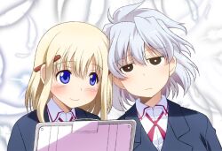  2girls aislinn_wishart blonde_hair blue_eyes blush brown_eyes commentary_request feathers kosegawa_shiromi marker miyamori_school_uniform multiple_girls object_behind_ear pen saki_(manga) school_uniform short_hair smile umekichi white_hair 