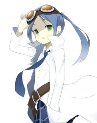  adjusting_goggles belt blue_hair collared_shirt commentary_request dress_shirt earrings female goggles green_eyes hand_on_goggles jewelry kyousougiga lab_coat looking_at_viewer matsutake_(nodamiki) mole necktie open_mouth ponytail professor_shouko school_uniform shirt skirt solo untucked_shirt white_shirt 