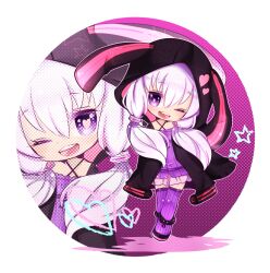  ;d animal_ears chibi commentary_request female heart heart-shaped_pupils hood hooded_jacket jacket looking_at_viewer mami_(sweetcandy) one_eye_closed open_mouth purple_eyes purple_hair skirt smile solo symbol-shaped_pupils vocaloid voiceroid yuzuki_yukari 