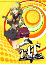  alternate_costume bag blonde_hair cellphone commentary_request doll female green_eyes highres iphone mizuhashi_parsee open_mouth parody persona persona_4 phone photoshop_(medium) pointy_ears school_uniform serafuku skirt smartphone solo touhou yasogami_school_uniform yotsuba_yuiko 