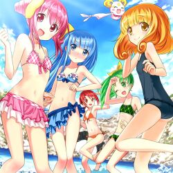  5girls :&lt; :d ;d aoki_reika barefoot bikini blonde_hair blue_eyes blue_hair blue_sarong bow buntan candy_(smile_precure!) commentary_request creature frilled_bikini frills green_eyes green_hair hairbow heart hino_akane_(smile_precure!) hoshizora_miyuki long_hair midorikawa_nao multiple_girls navel one-piece_swimsuit one_eye_closed open_mouth pink_bow pink_eyes pink_hair ponytail precure red_eyes red_hair sarong school_swimsuit short_hair side-tie_bikini_bottom smile smile_precure swimsuit twintails yayoi_kise yellow_eyes 