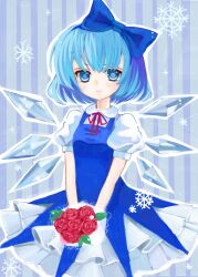  absurdres bad_id bad_pixiv_id blue_eyes blue_hair blush bouquet bow cirno detached_wings female flower hairbow highres ice ice_wings leaf rose short_hair short_sleeves smile snowflakes solo touhou umeko_(koori_ume) wings 