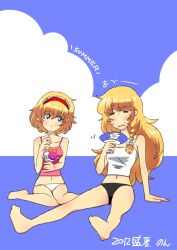  2girls alice_margatroid bad_id bad_pixiv_id bare_shoulders black_panties blonde_hair blue_eyes blush breasts camisole closed_eyes collarbone eating food hand_fan ice_cream kirisame_marisa medium_breasts multiple_girls navel non_(z-art) panties sitting spoon touhou underwear underwear_only wariza white_panties 