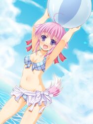  animal_ears asa_no_ha_(awayuki) ball beachball bikini commentary_request dog_days dog_ears dog_girl dog_tail female millhiore_f._biscotti photoshop_(medium) pink_hair pink_tail purple_eyes short_hair solo swimsuit tail 