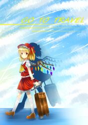  alternate_headwear ascot blonde_hair boki_god bow commentary_request english_text female flandre_scarlet hairbow hat highres luggage puffy_sleeves red_eyes rolling_suitcase short_hair short_sleeves solo suitcase touhou wings wrist_cuffs 