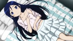  aragaki_ayase bed bed_sheet blue_eyes blue_hair camisole claria commentary_request female frilled_skirt frills highres long_hair lying navel ore_no_imouto_ga_konna_ni_kawaii_wake_ga_nai pillow skirt smile solo 