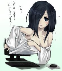  artist_request bare_shoulder bare_shoulders black_eyes black_hair blush breasts cleavage computer computer_mouse dress embarrassed female hair_over_one_eye hiraki_ajino long_hair mouse_pad mousepad open_mouth solo tears the_ring translation_request white_dress yamamura_sadako 