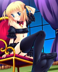  araiguma bad_id bad_pixiv_id black_thighhighs blonde_hair blue_eyes blush chair choker crescent curtains female frilled_skirt frills garter_straps looking_at_viewer oerba_yun_fang original short_twintails sitting skirt smile solo thighhighs twintails window 